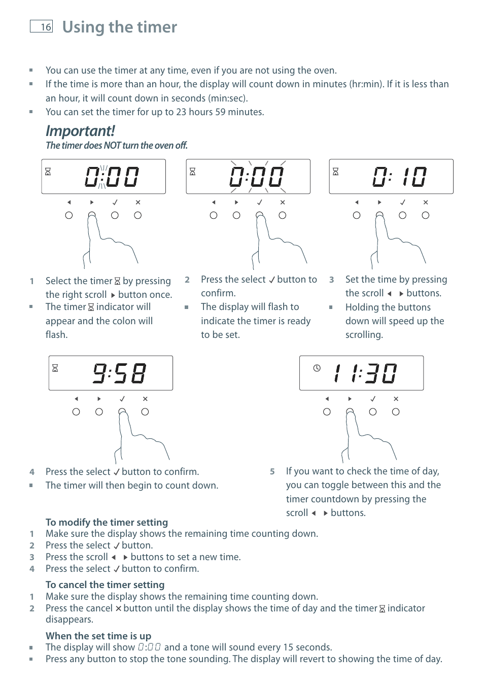 Using the timer, Important | Fisher & Paykel OB60S9DE User Manual | Page 18 / 44