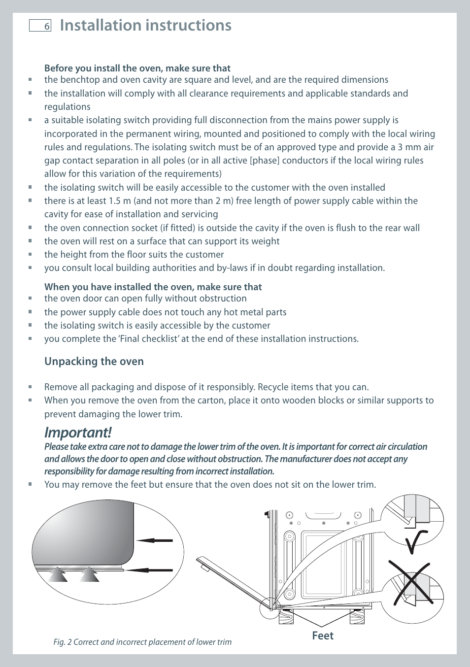 Installation instructions, Important, Feet | Fisher & Paykel OB60S9DE User Manual | Page 8 / 44