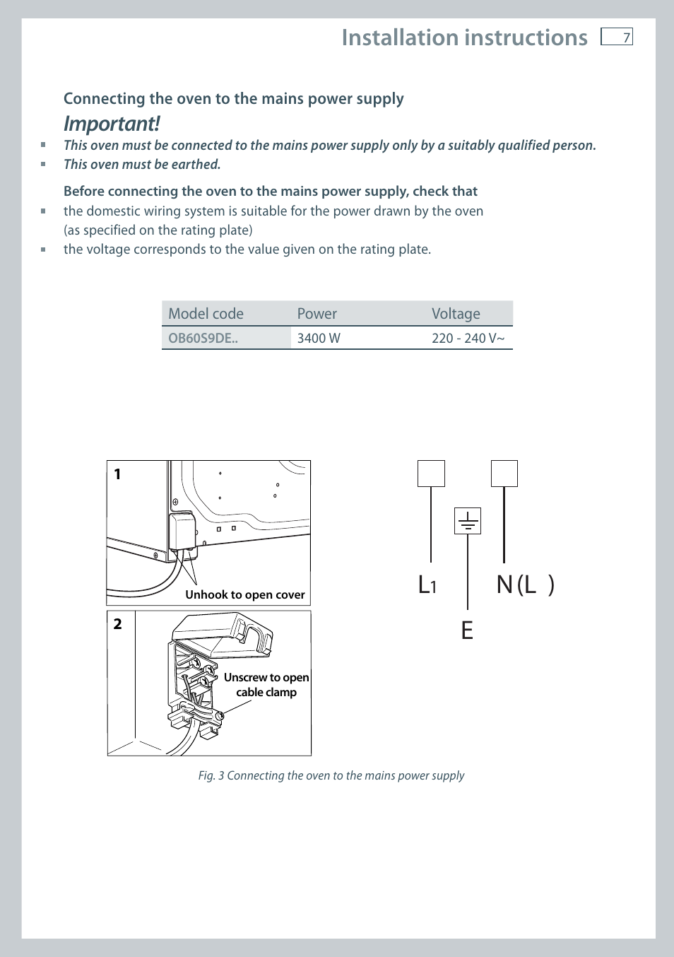 En l, Installation instructions, Important | Fisher & Paykel OB60S9DE User Manual | Page 9 / 44