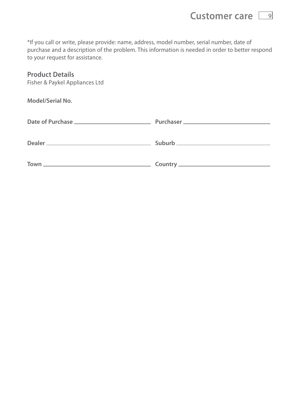 Customer care | Fisher & Paykel HI120DMB1 User Manual | Page 11 / 12