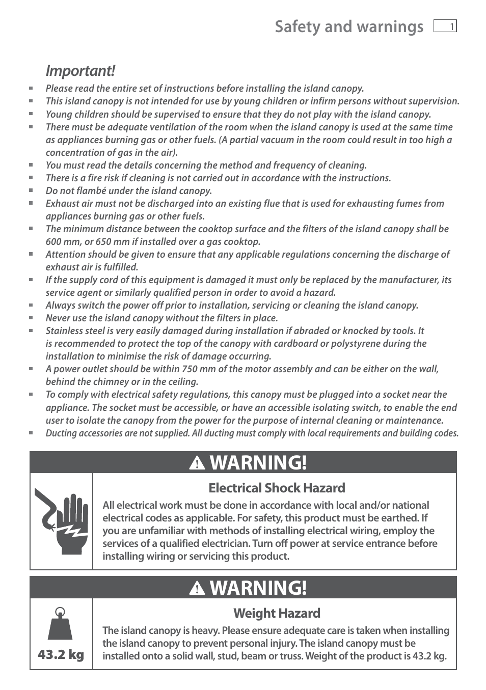 Warning, Safety and warnings, Important | Electrical shock hazard, Weight hazard | Fisher & Paykel HI120DMB1 User Manual | Page 3 / 12