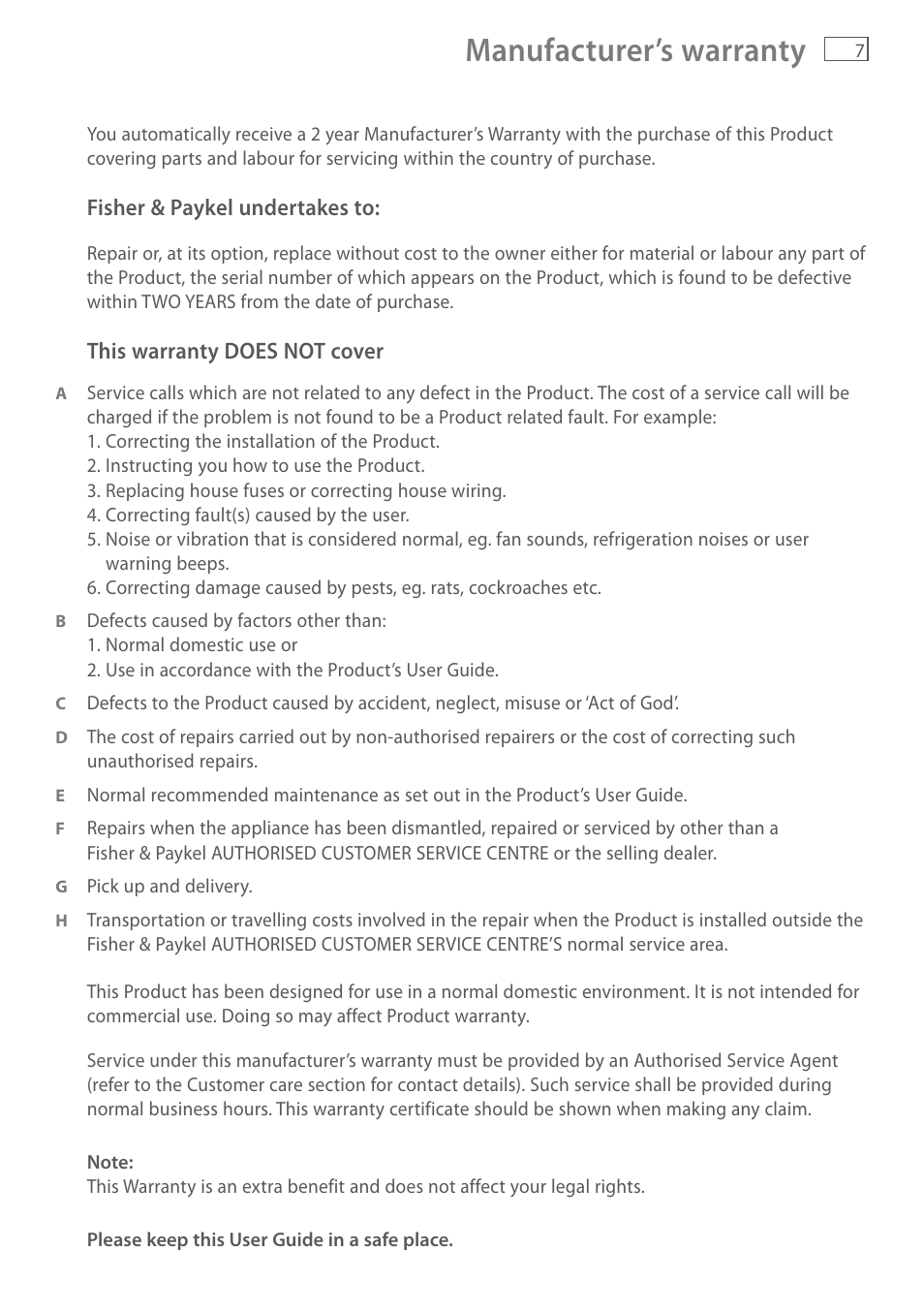 Manufacturer’s warranty | Fisher & Paykel HI120DMB1 User Manual | Page 9 / 12