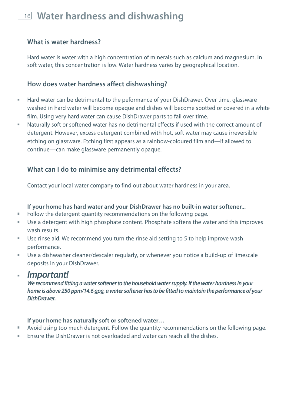 Water hardness and dishwashing, Important | Fisher & Paykel DD36 User Manual | Page 18 / 40
