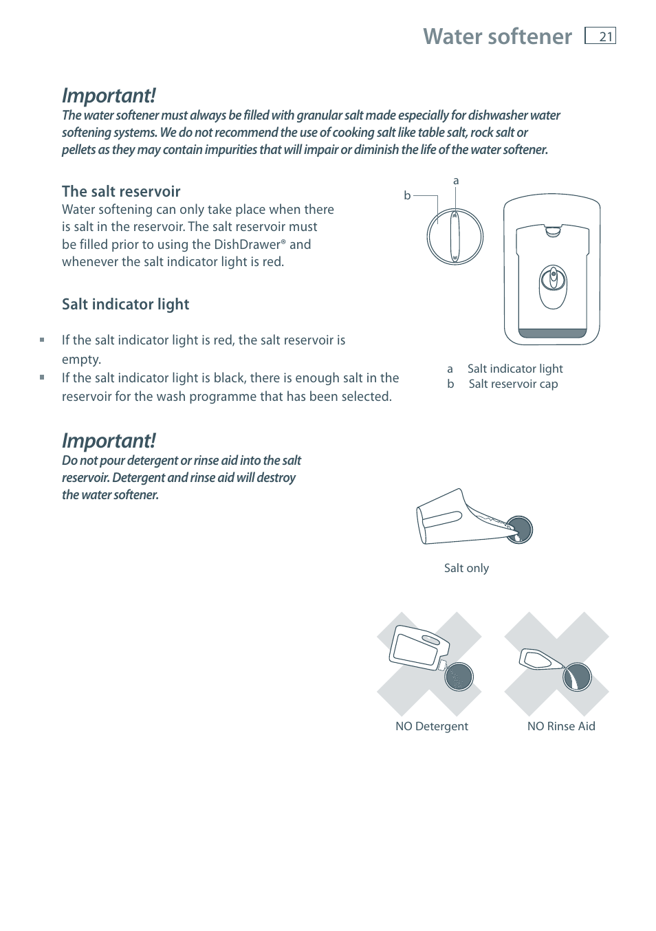 Water softener, Important | Fisher & Paykel DD36 User Manual | Page 23 / 40