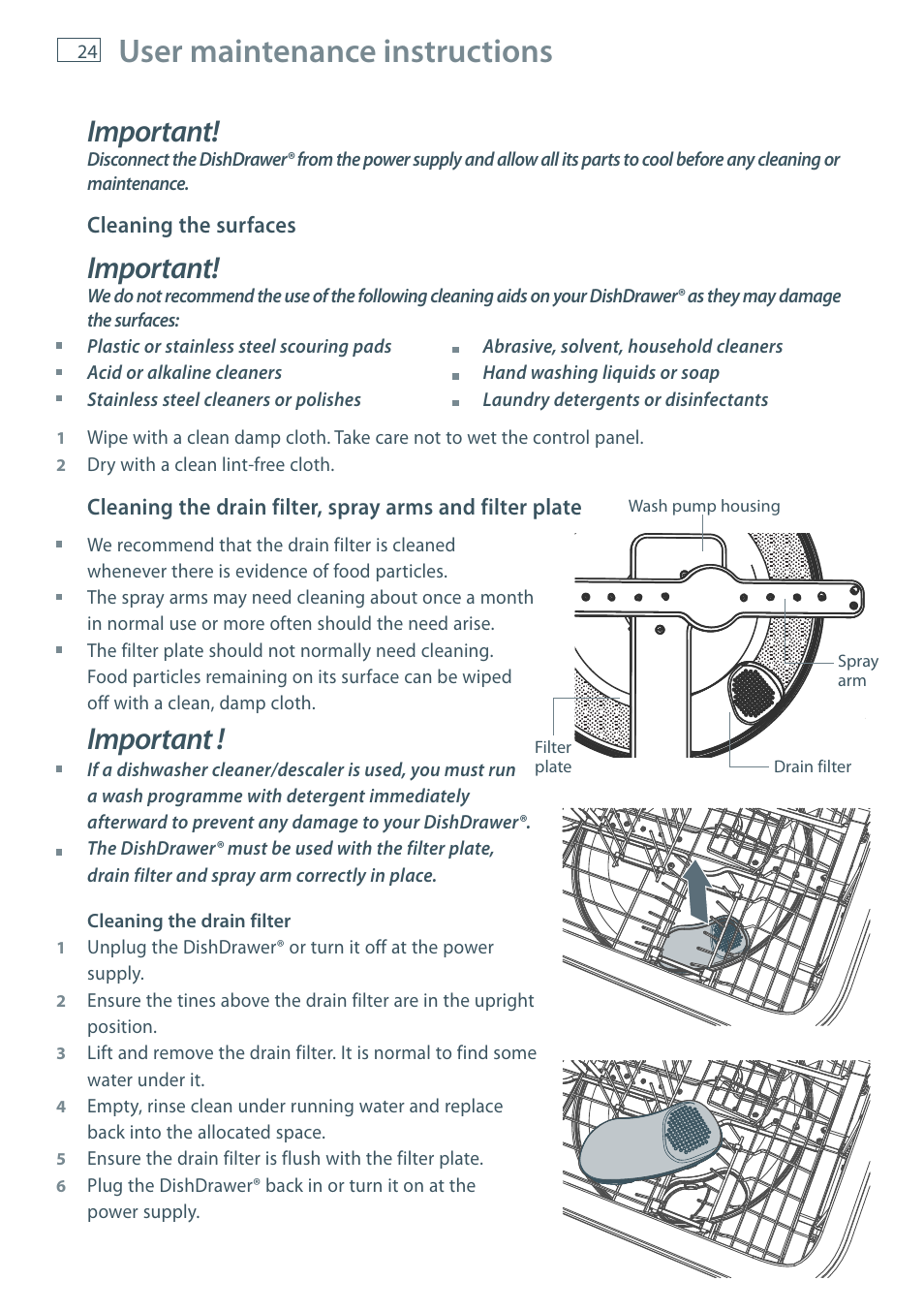 User maintenance instructions, Important | Fisher & Paykel DD36 User Manual | Page 26 / 40