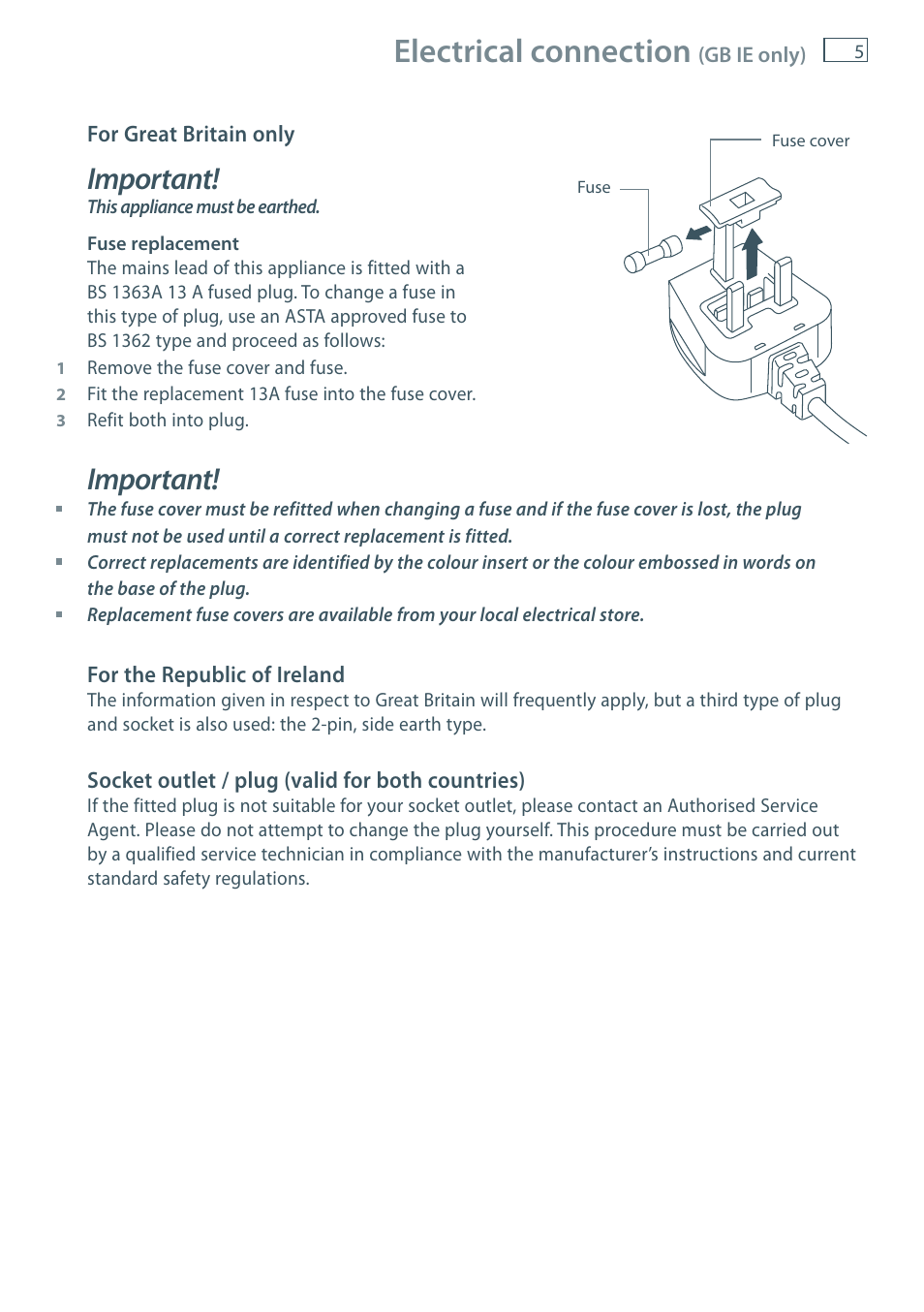 Electrical connection, Important | Fisher & Paykel DD36 User Manual | Page 7 / 40