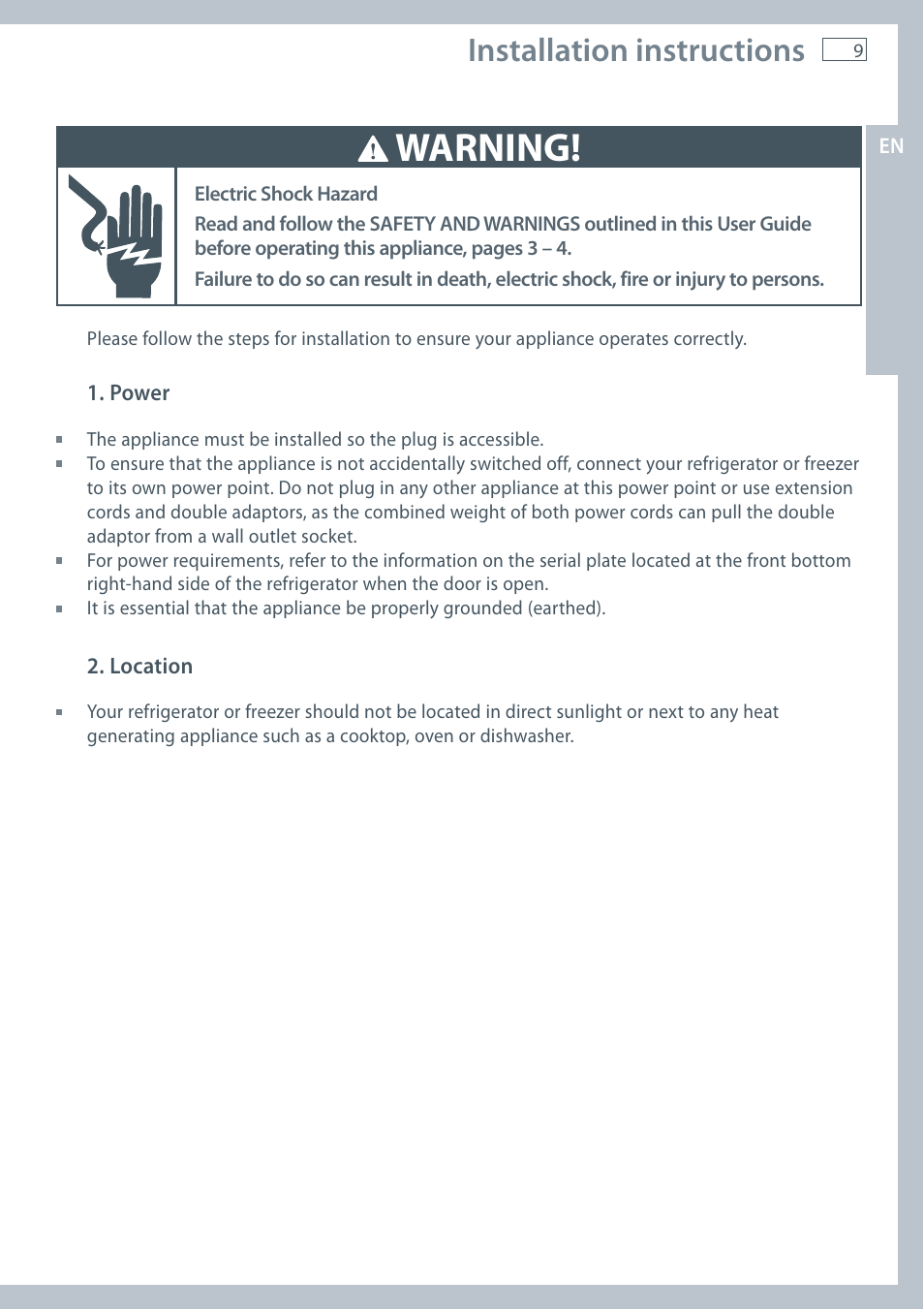 Warning, Installation instructions | Fisher & Paykel E522B User Manual | Page 11 / 144