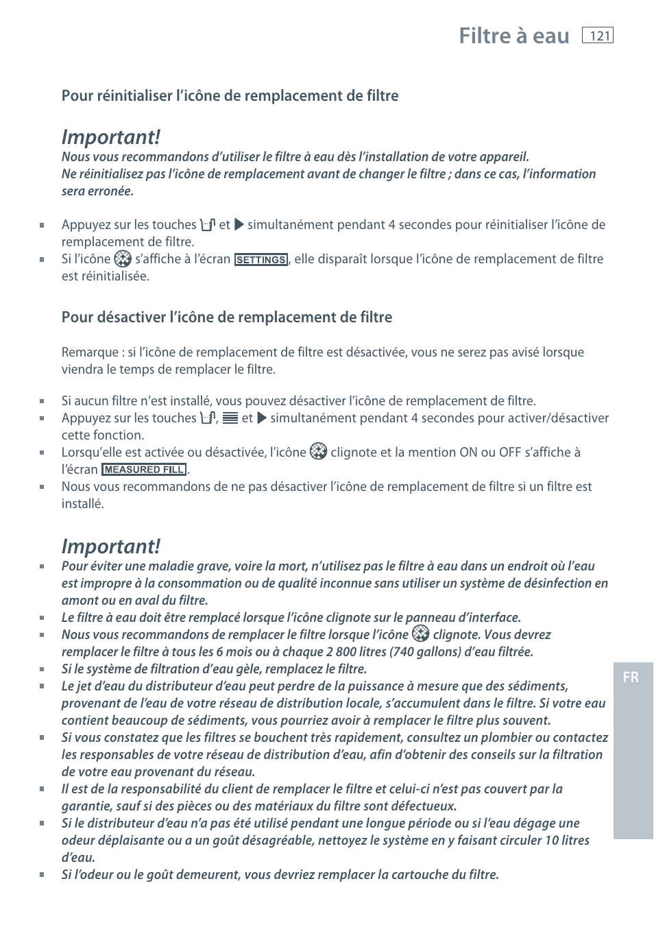Filtre à eau, Important | Fisher & Paykel E522B User Manual | Page 123 / 144