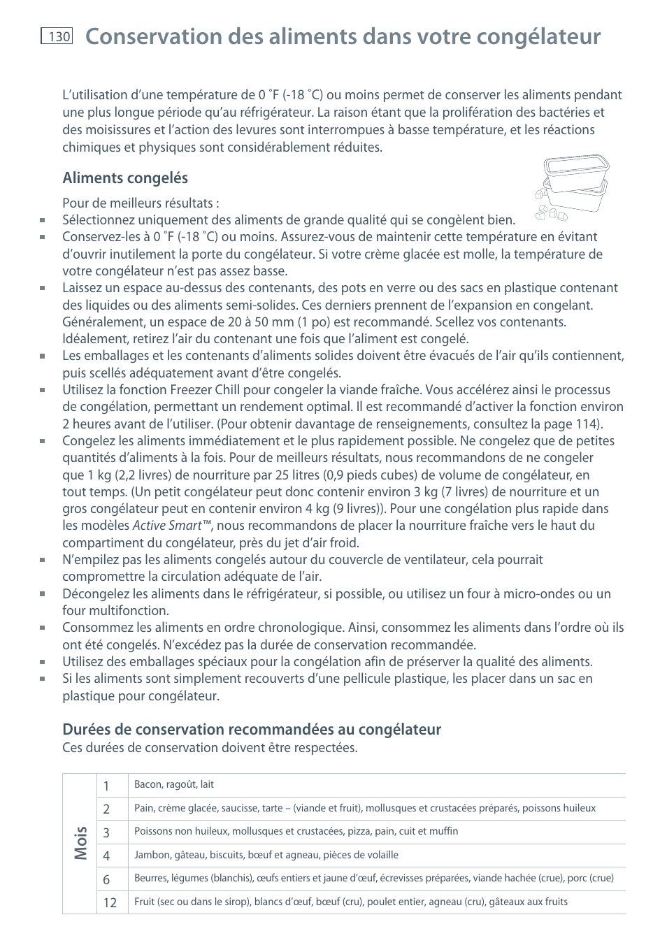 Conservation des aliments dans votre congélateur, Mois | Fisher & Paykel E522B User Manual | Page 132 / 144