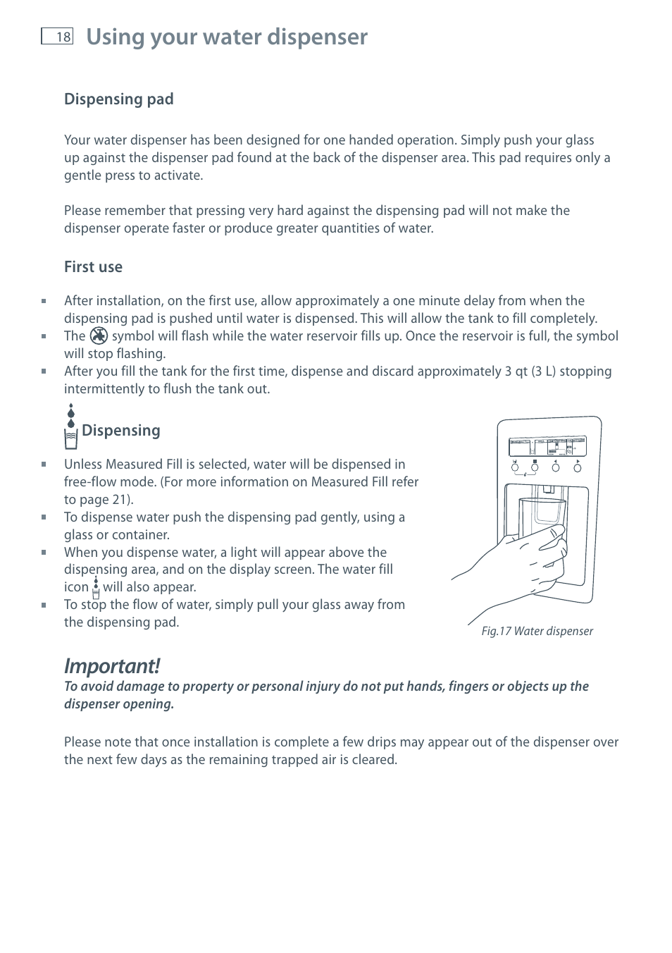 Using your water dispenser, Important | Fisher & Paykel E522B User Manual | Page 20 / 144