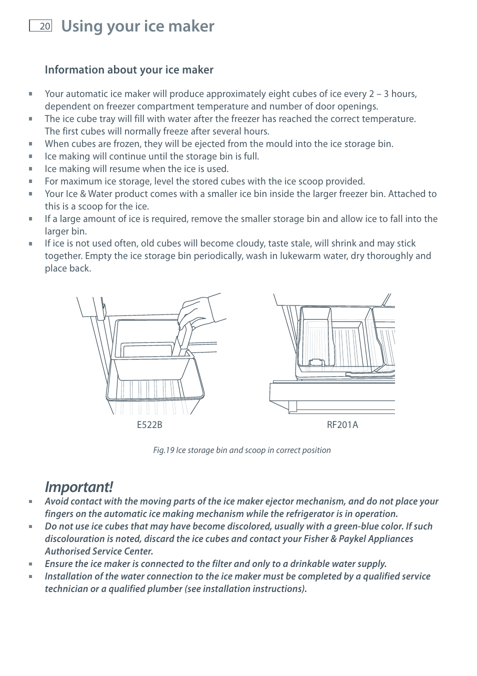 Using your ice maker, Important | Fisher & Paykel E522B User Manual | Page 22 / 144