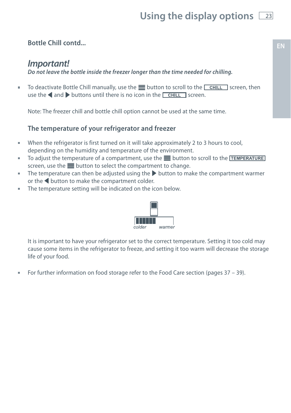 Using the display options, Important | Fisher & Paykel E522B User Manual | Page 25 / 144