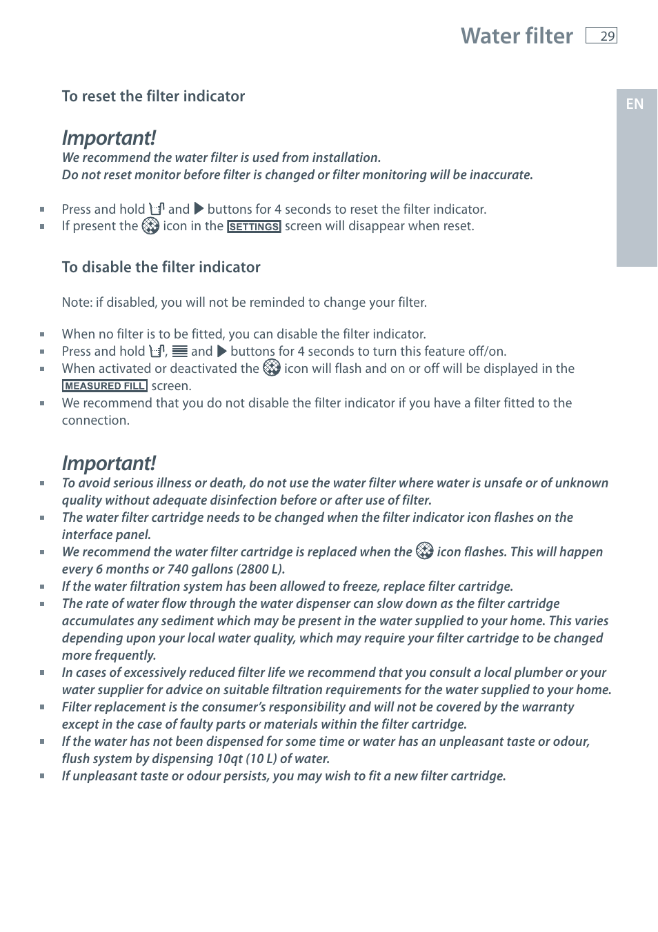 Water filter, Important | Fisher & Paykel E522B User Manual | Page 31 / 144