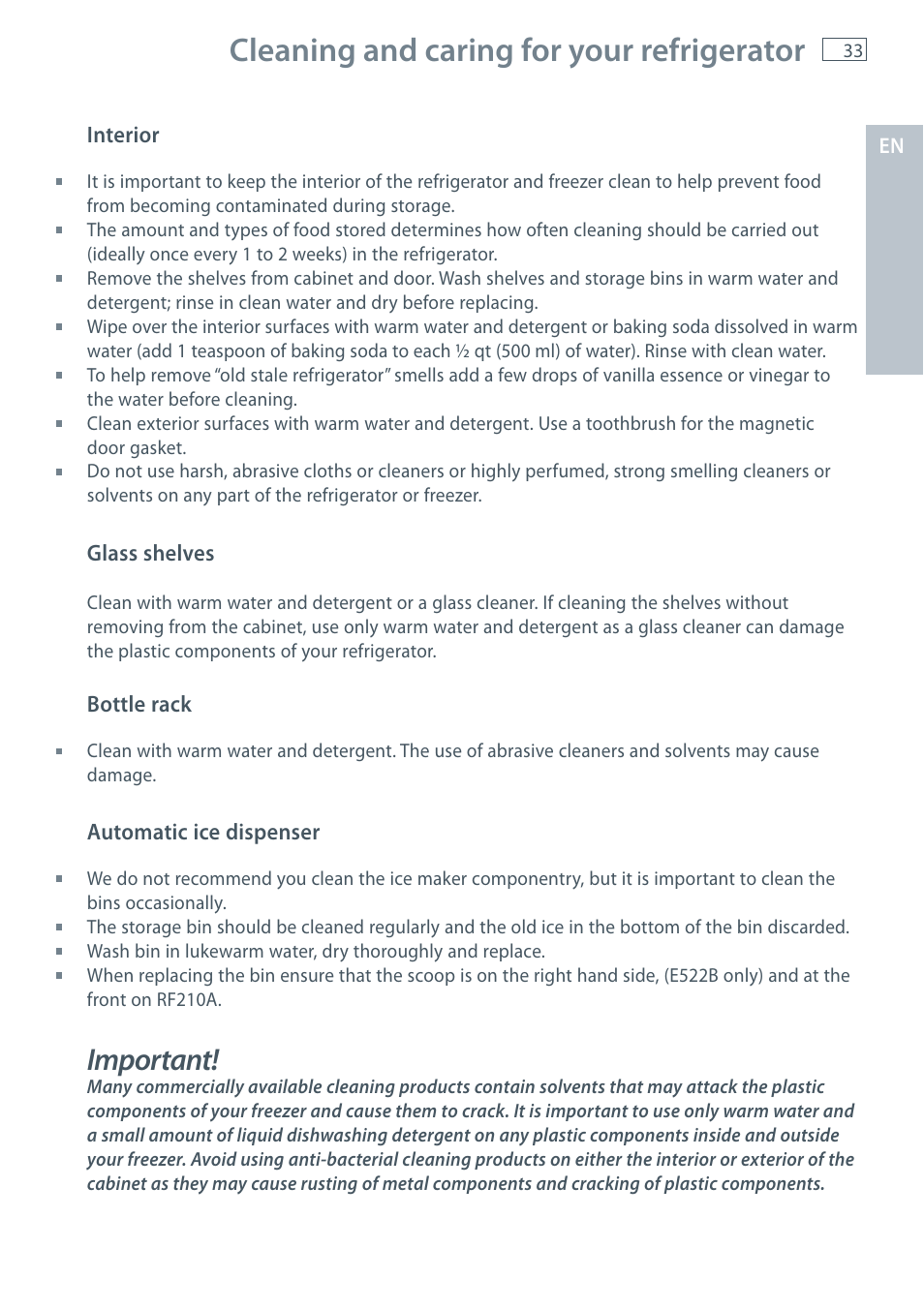 Cleaning and caring for your refrigerator, Important | Fisher & Paykel E522B User Manual | Page 35 / 144