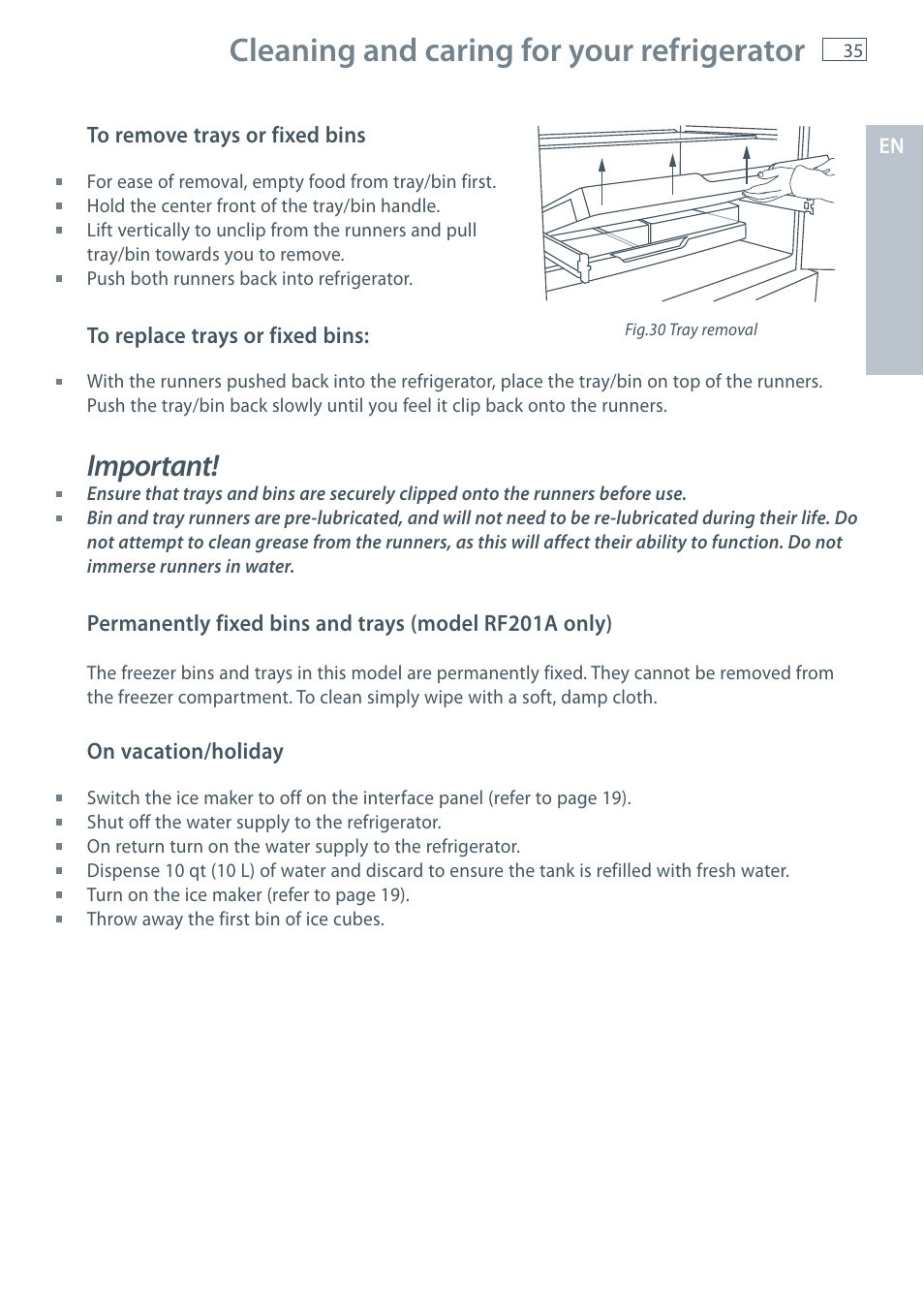 Cleaning and caring for your refrigerator, Important | Fisher & Paykel E522B User Manual | Page 37 / 144