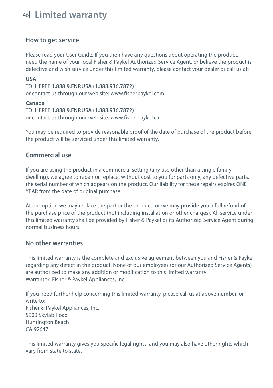 Limited warranty | Fisher & Paykel E522B User Manual | Page 48 / 144