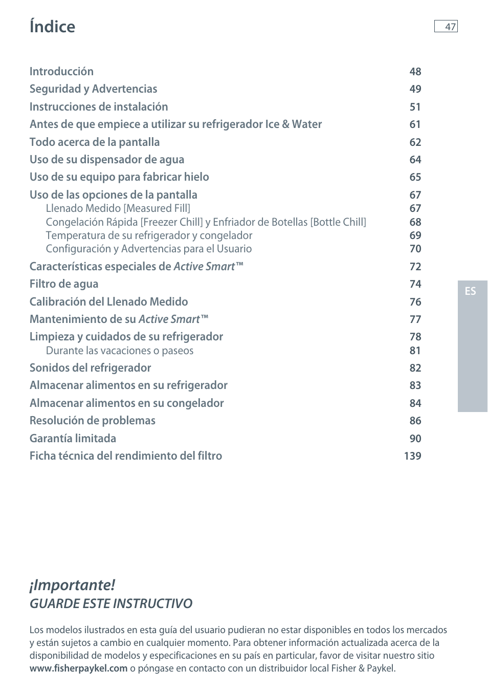 Índice, Importante, Guarde este instructivo | Fisher & Paykel E522B User Manual | Page 49 / 144