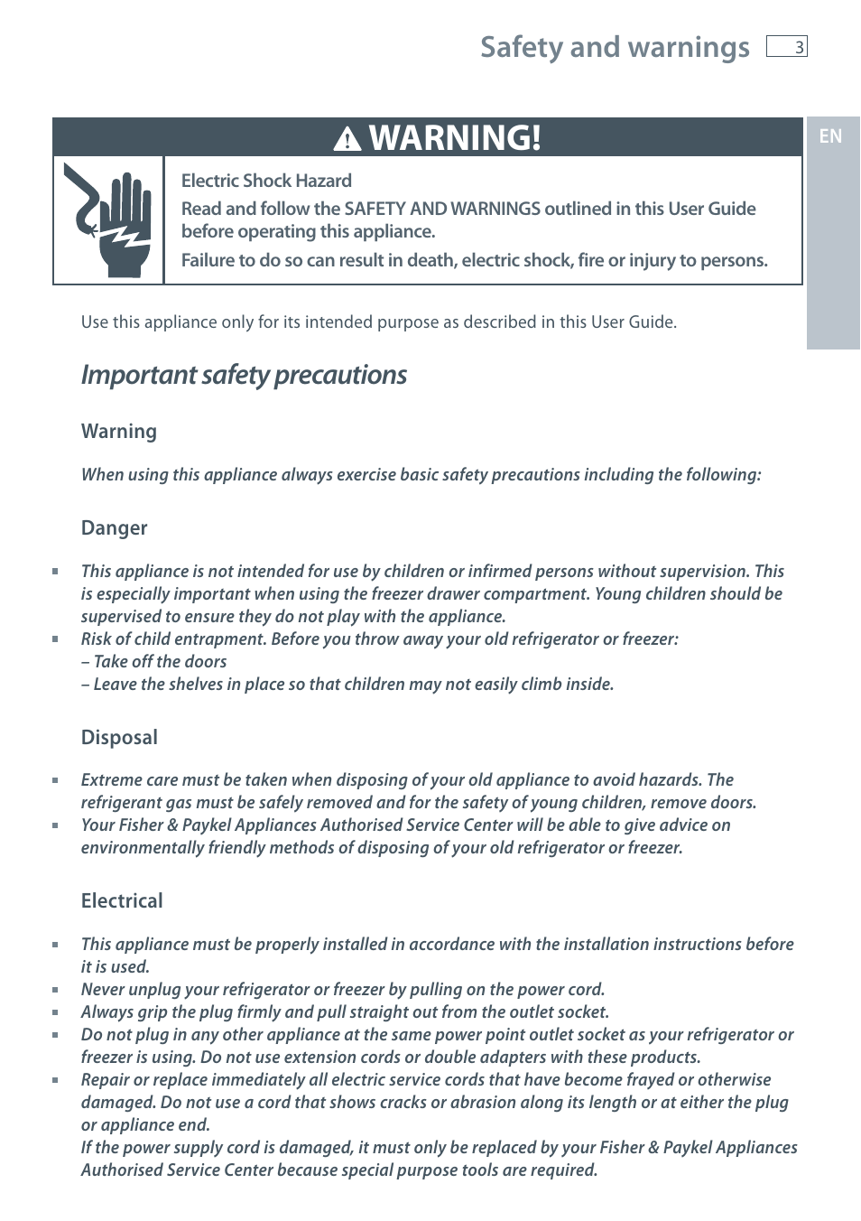 Warning, Safety and warnings, Important safety precautions | Fisher & Paykel E522B User Manual | Page 5 / 144