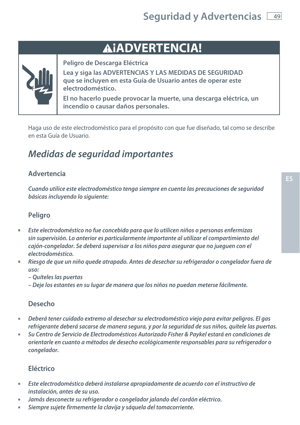 Advertencia, Seguridad y advertencias, Medidas de seguridad importantes | Fisher & Paykel E522B User Manual | Page 51 / 144