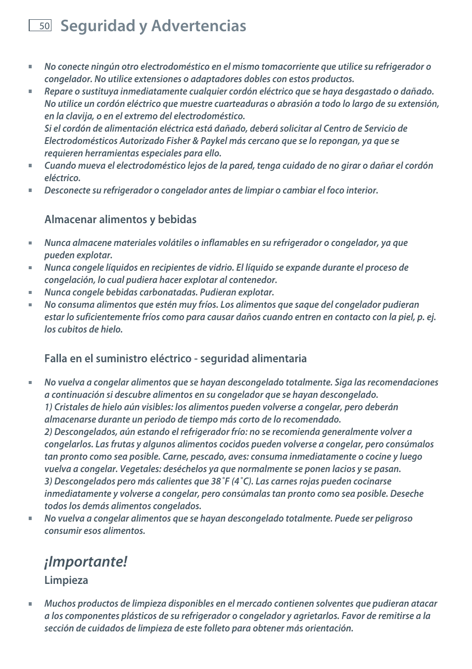 Seguridad y advertencias, Importante | Fisher & Paykel E522B User Manual | Page 52 / 144