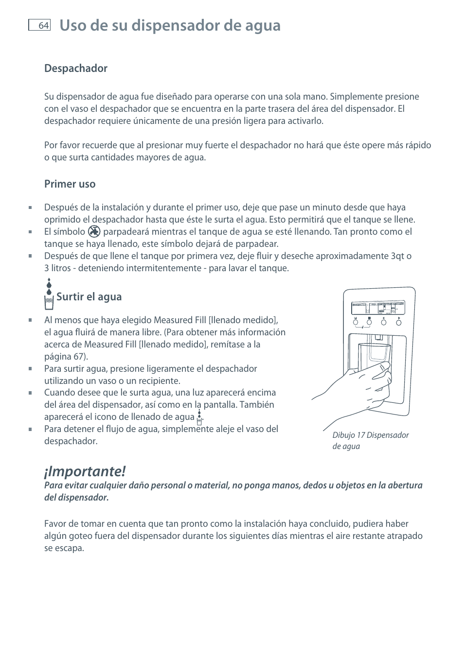 Uso de su dispensador de agua, Importante | Fisher & Paykel E522B User Manual | Page 66 / 144