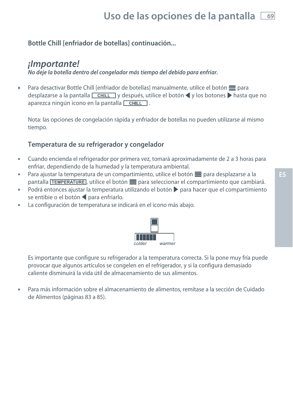 Uso de las opciones de la pantalla, Importante | Fisher & Paykel E522B User Manual | Page 71 / 144