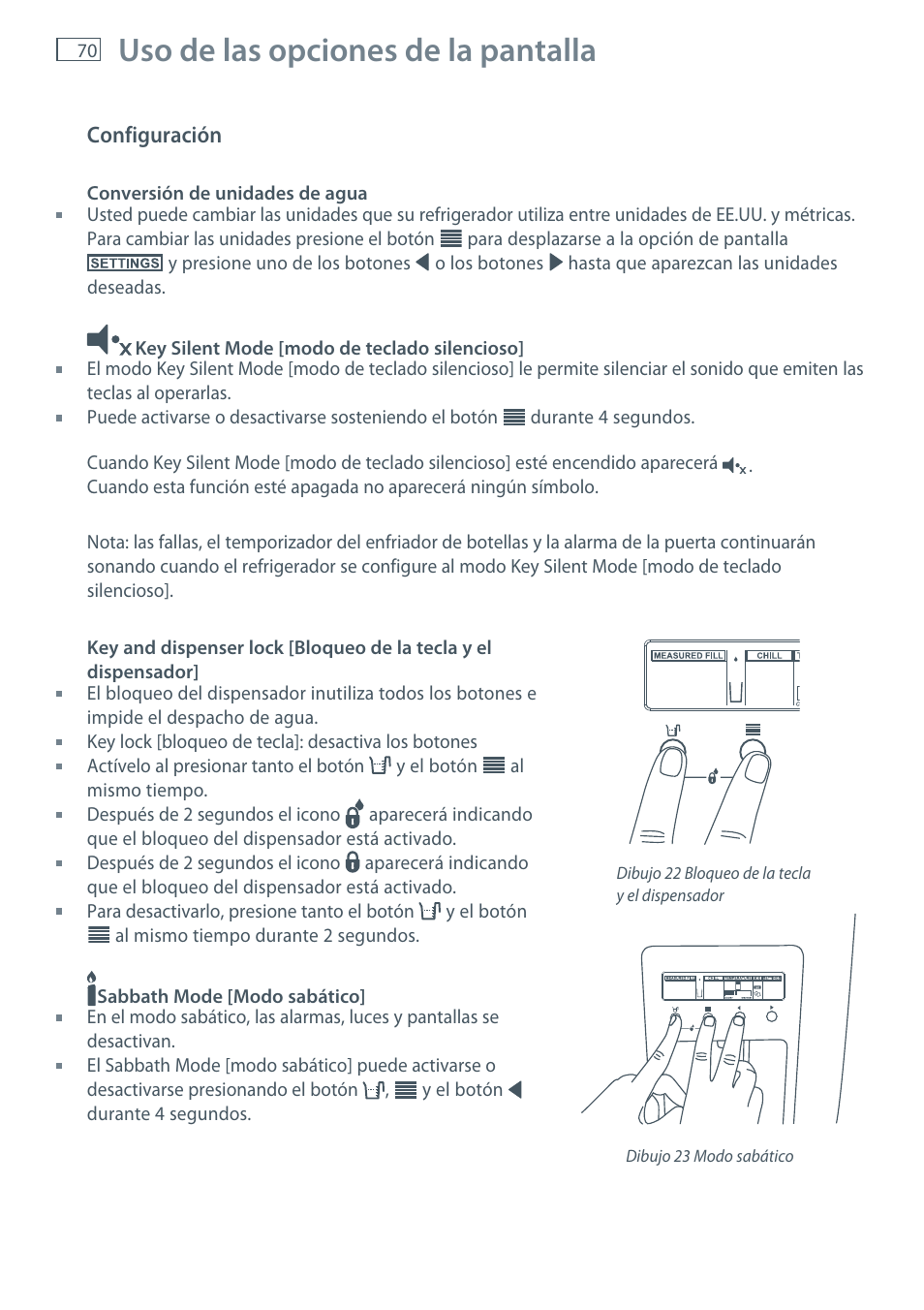 Uso de las opciones de la pantalla | Fisher & Paykel E522B User Manual | Page 72 / 144