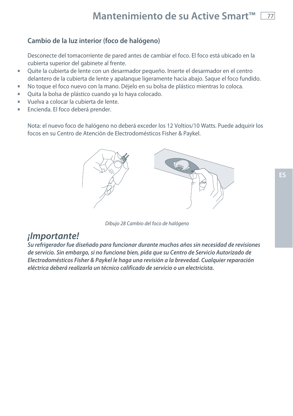 Mantenimiento de su active smart, Importante | Fisher & Paykel E522B User Manual | Page 79 / 144