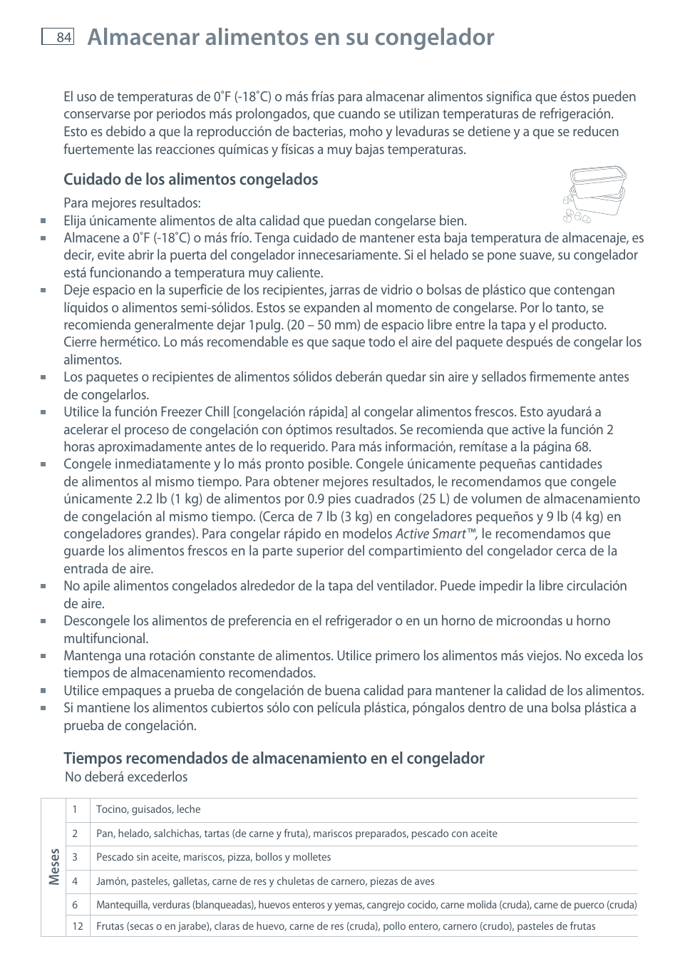 Almacenar alimentos en su congelador, Cuidado de los alimentos congelados | Fisher & Paykel E522B User Manual | Page 86 / 144