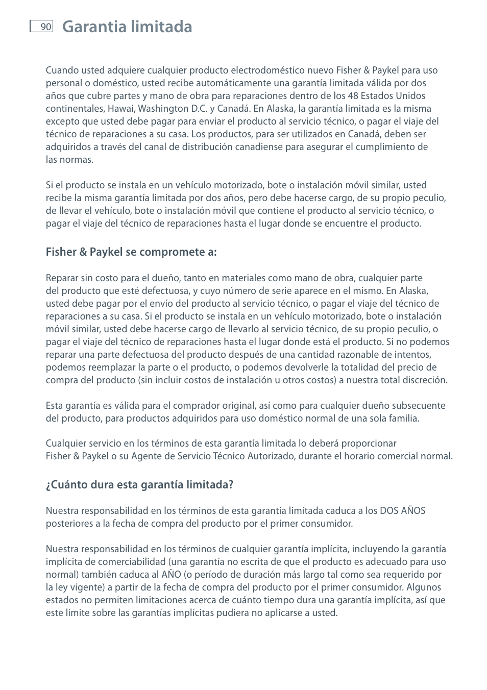 Garantia limitada | Fisher & Paykel E522B User Manual | Page 92 / 144