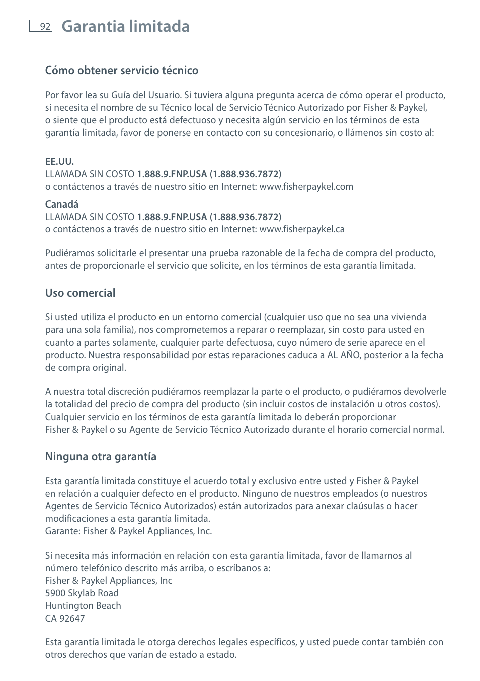 Garantia limitada | Fisher & Paykel E522B User Manual | Page 94 / 144