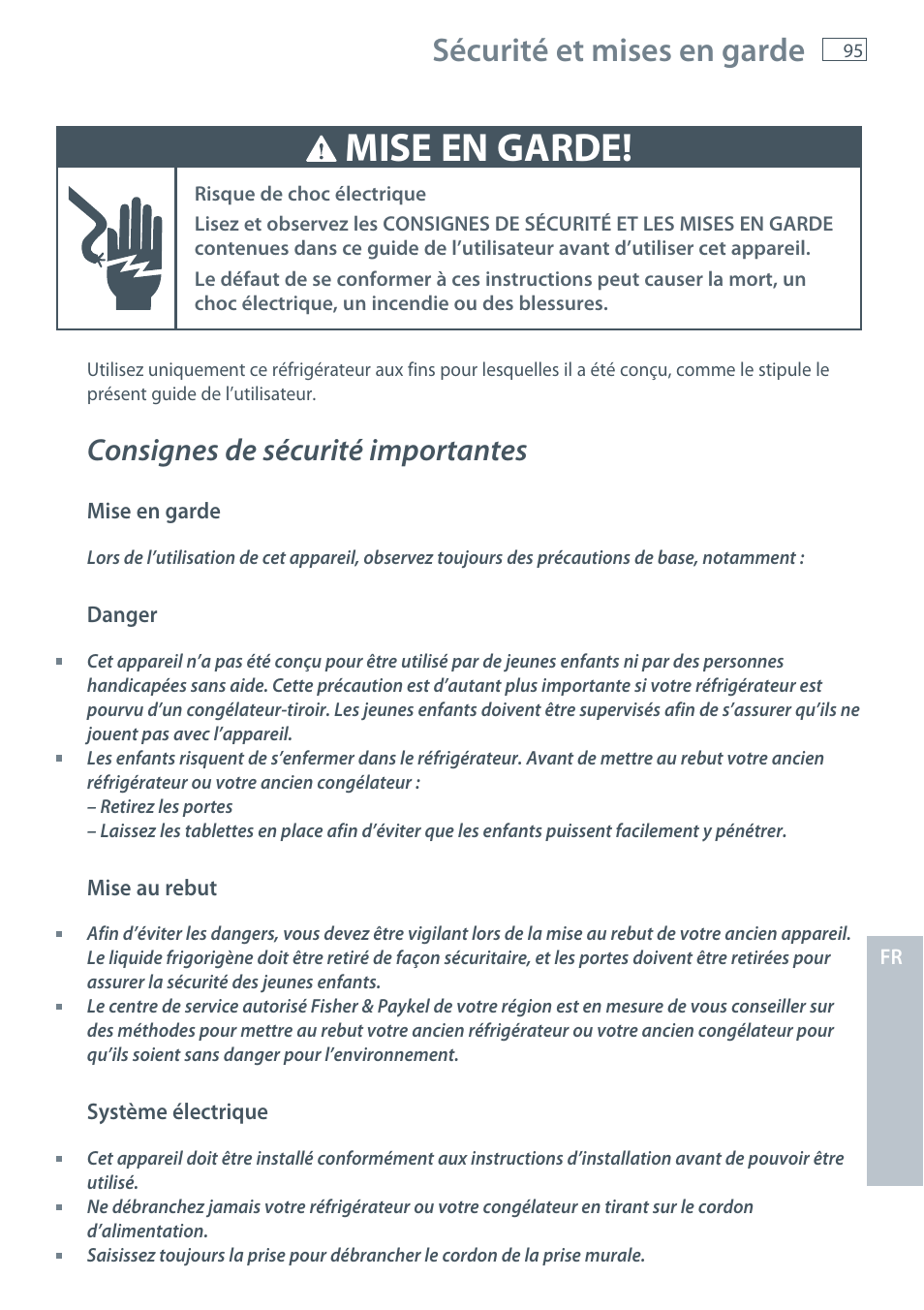 Mise en garde, Sécurité et mises en garde, Consignes de sécurité importantes | Fisher & Paykel E522B User Manual | Page 97 / 144