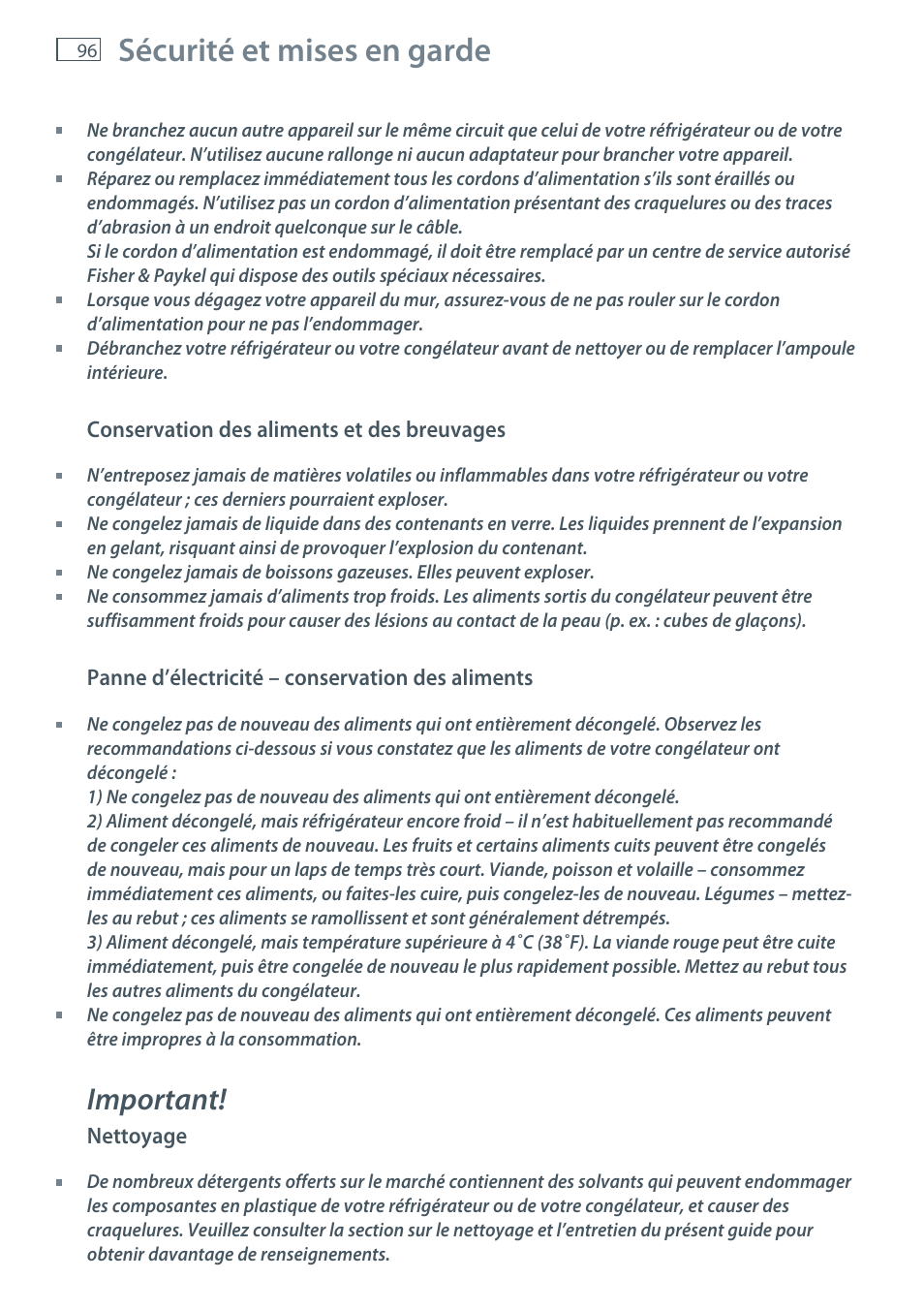 Sécurité et mises en garde, Important | Fisher & Paykel E522B User Manual | Page 98 / 144