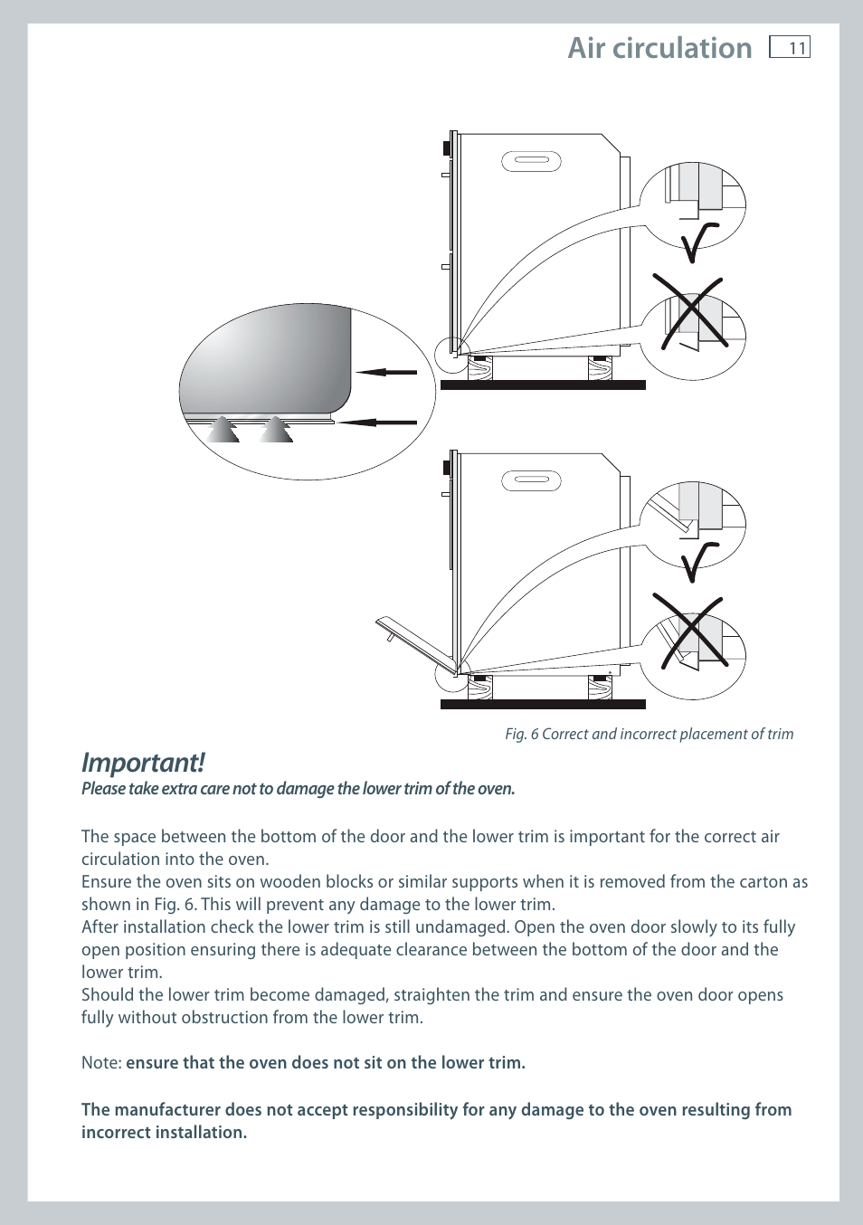 Air circulation, Important | Fisher & Paykel OB60 User Manual | Page 13 / 36