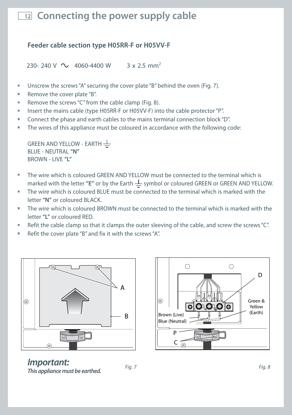 Connecting the power supply cable, Important | Fisher & Paykel OB60 User Manual | Page 14 / 36