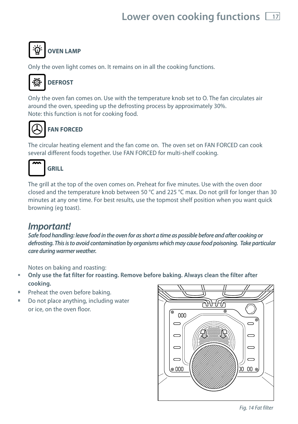 Lower oven cooking functions, Important | Fisher & Paykel OB60 User Manual | Page 19 / 36