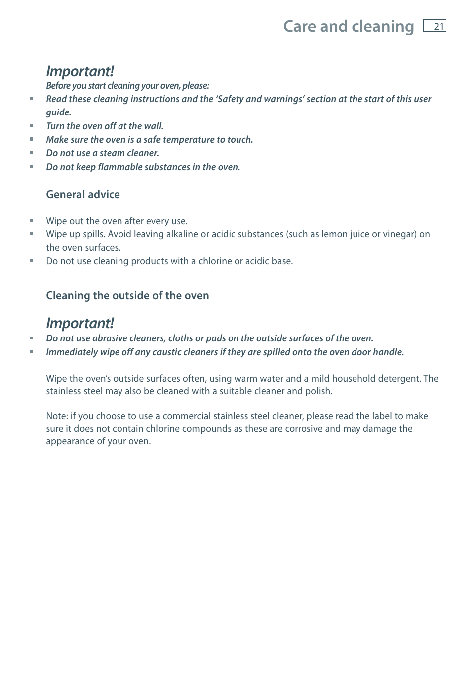 Care and cleaning, Important | Fisher & Paykel OB60 User Manual | Page 23 / 36