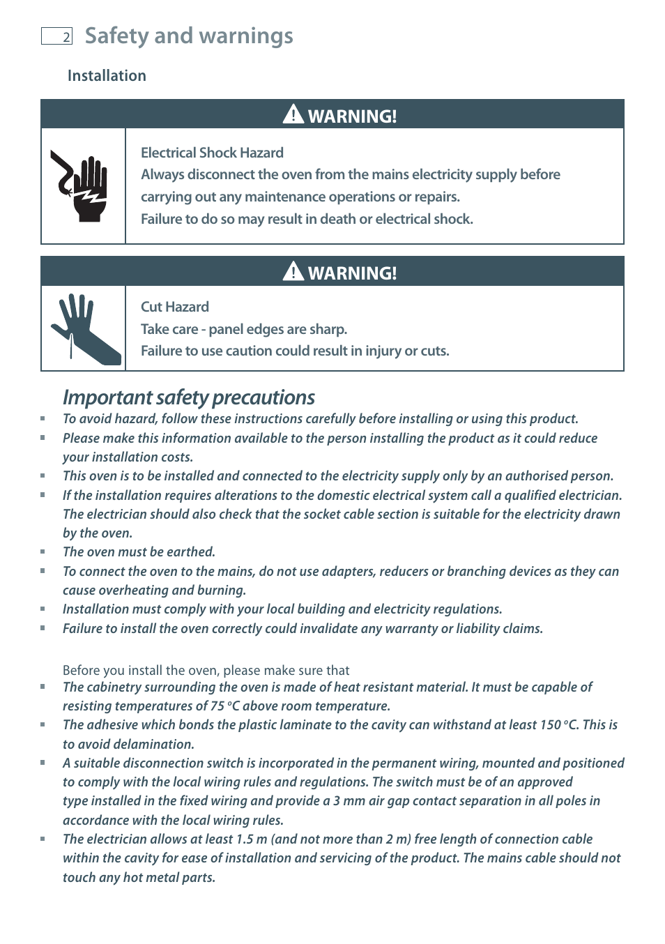 Safety and warnings, Important safety precautions, Warning | Fisher & Paykel OB60 User Manual | Page 4 / 36