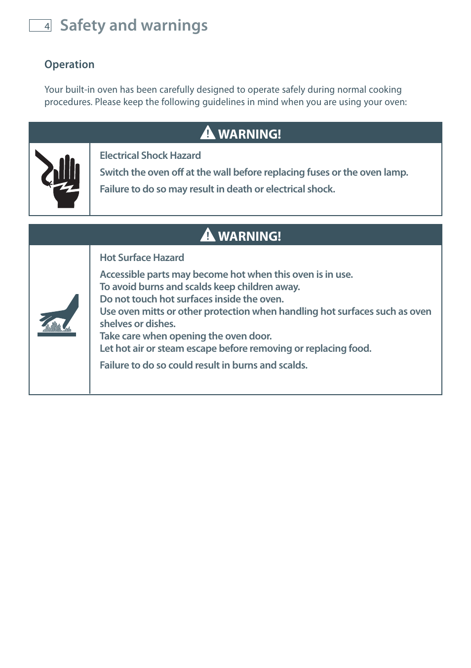 Safety and warnings, Warning | Fisher & Paykel OB60 User Manual | Page 6 / 36