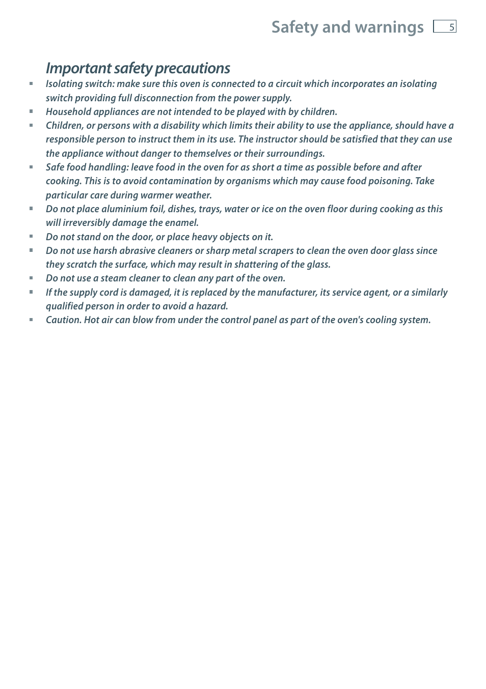 Safety and warnings, Important safety precautions | Fisher & Paykel OB60 User Manual | Page 7 / 36