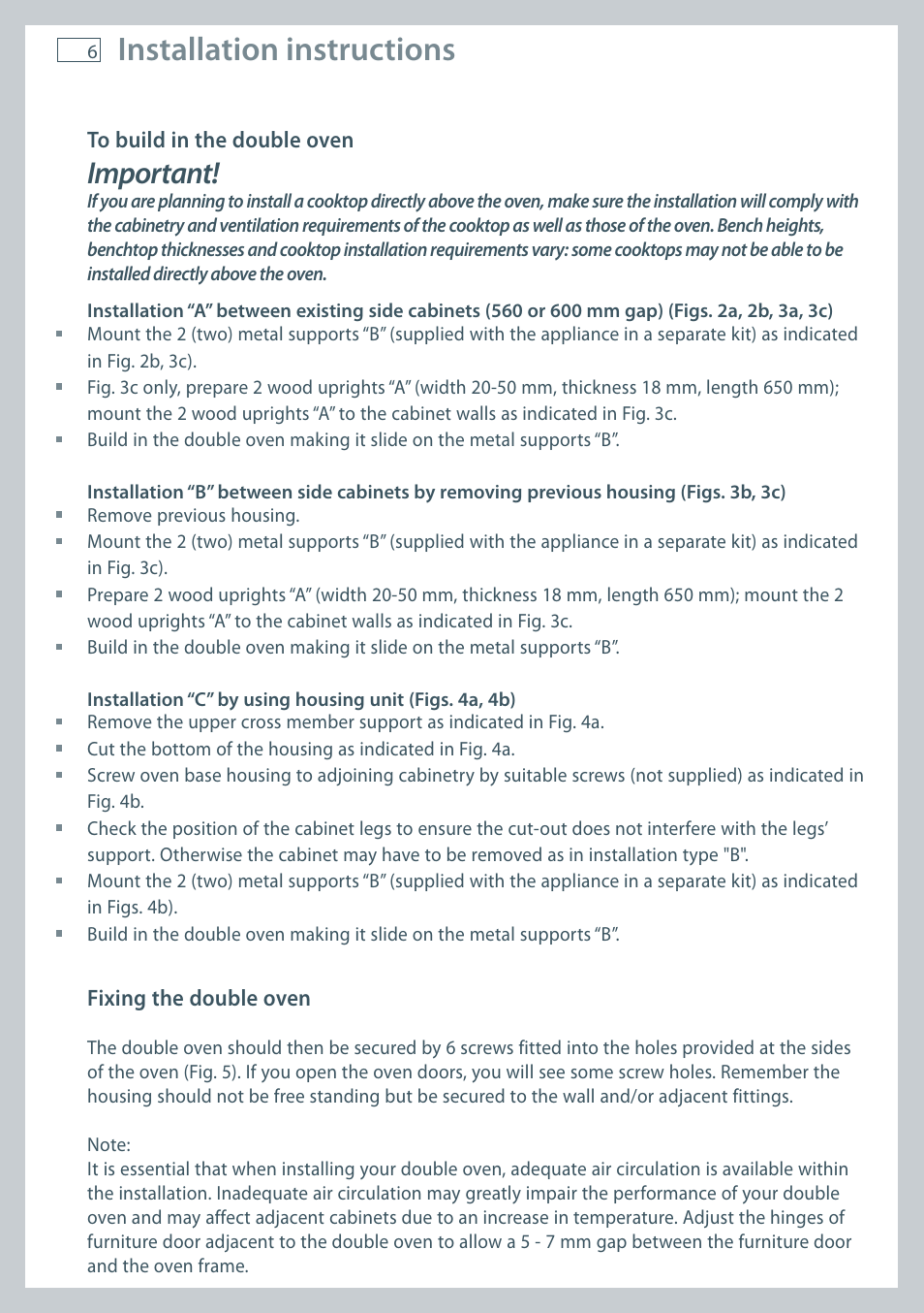 Installation instructions, Important | Fisher & Paykel OB60 User Manual | Page 8 / 36