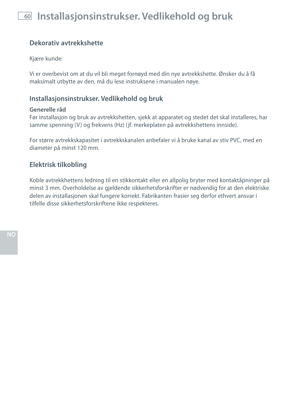 Installasjonsinstrukser. vedlikehold og bruk | Fisher & Paykel HC60CGX1 User Manual | Page 62 / 80