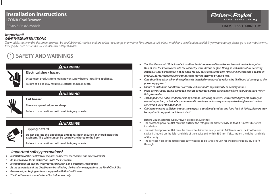 Fisher & Paykel IZONA RB905 User Manual | 8 pages