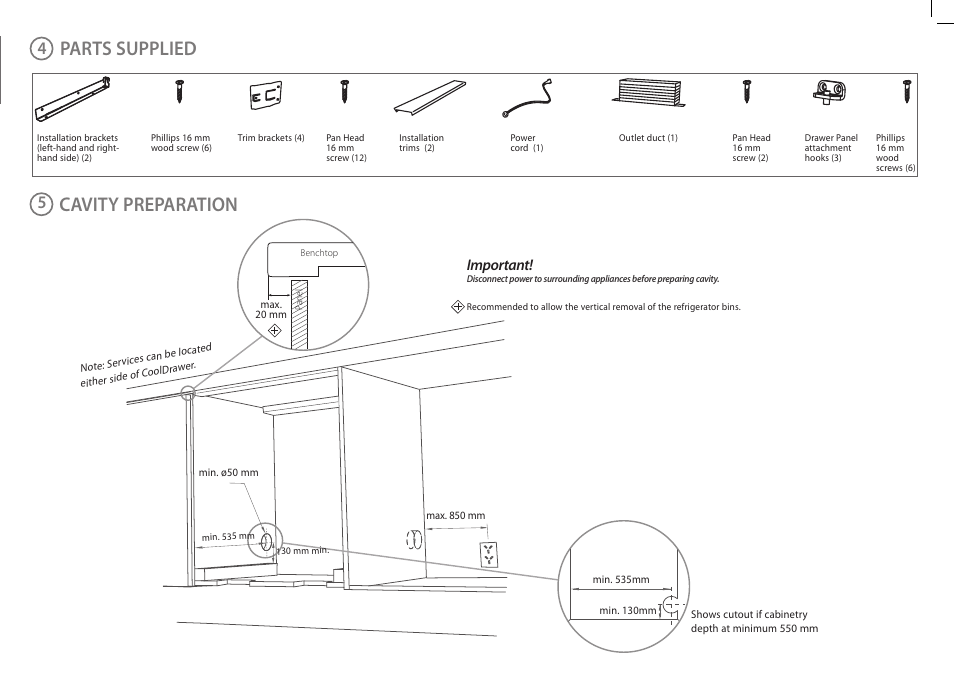 Safety and warnings, Product dimensions parts supplied, Cavity preparation | Installation instructions, Integrated panel preparation, Cabinetry dimensions, Important, Important safety precautions, Izona cooldrawer | Fisher & Paykel IZONA RB905 User Manual | Page 2 / 8