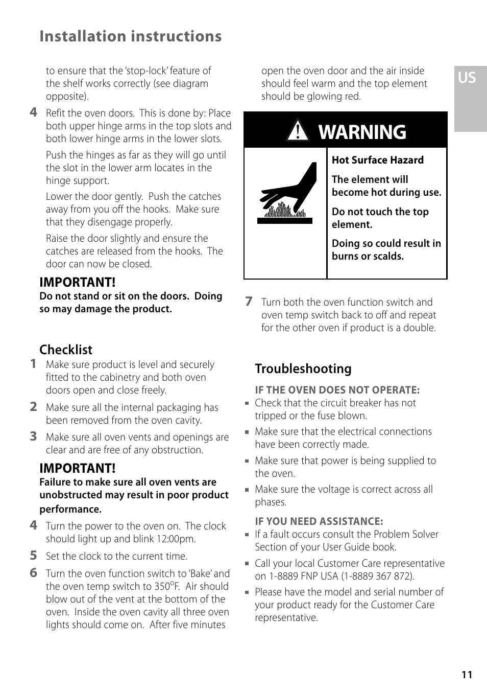 Warning, Us installation instructions, Important | Checklist 1, Troubleshooting | Fisher & Paykel OD302 User Manual | Page 11 / 32