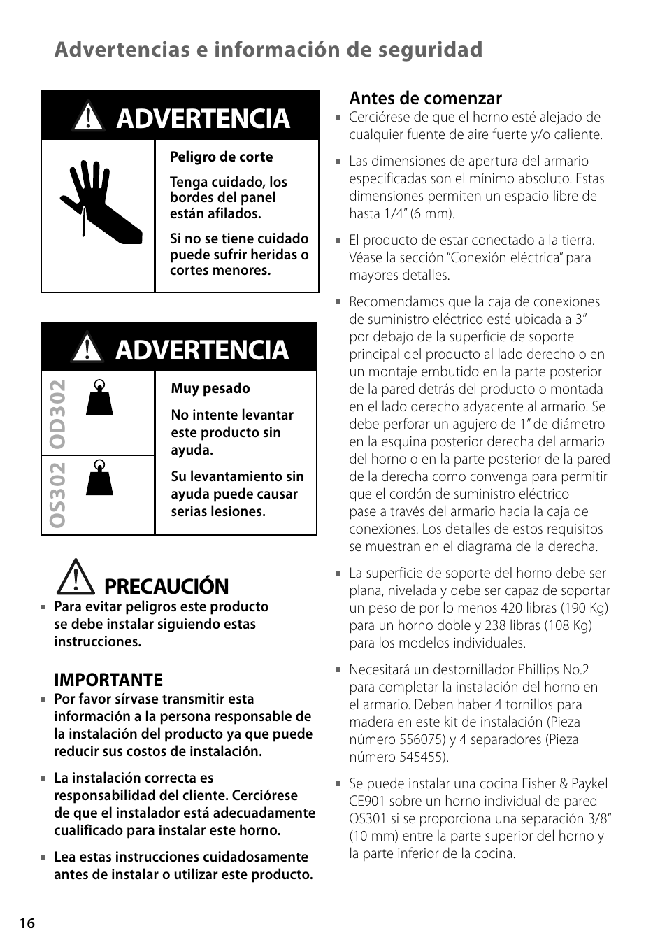 Advertencia, Advertencias e información de seguridad, Precaución | Fisher & Paykel OD302 User Manual | Page 16 / 32