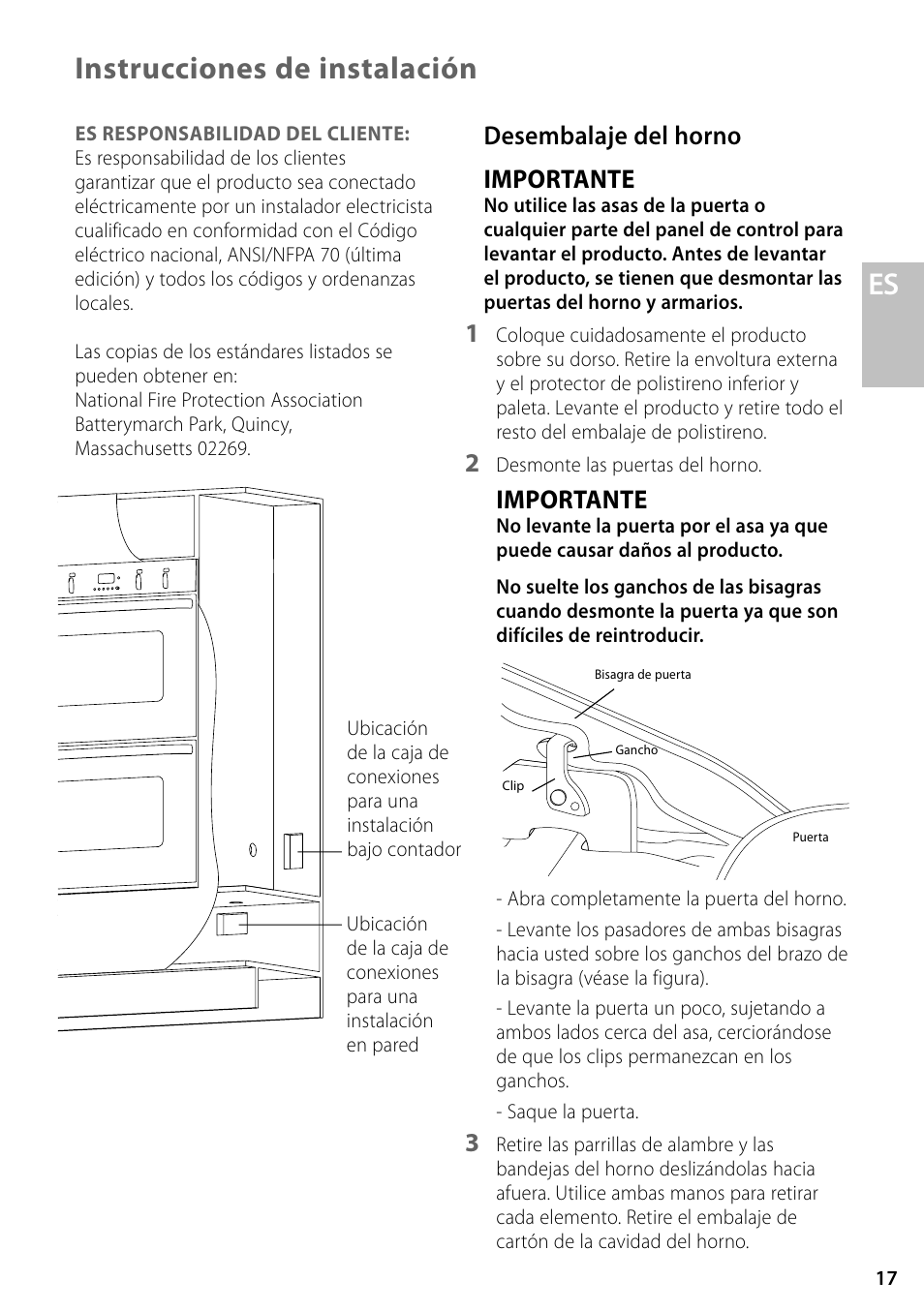 Instrucciones de instalación, Desembalaje del horno importante, Importante | Fisher & Paykel OD302 User Manual | Page 17 / 32