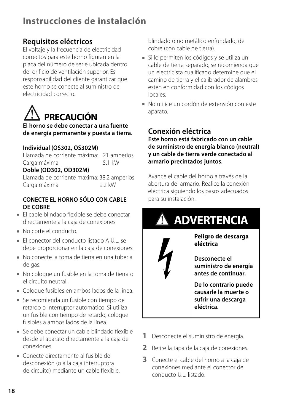 Advertencia, Precaución, Instrucciones de instalación | Requisitos eléctricos, Conexión eléctrica | Fisher & Paykel OD302 User Manual | Page 18 / 32
