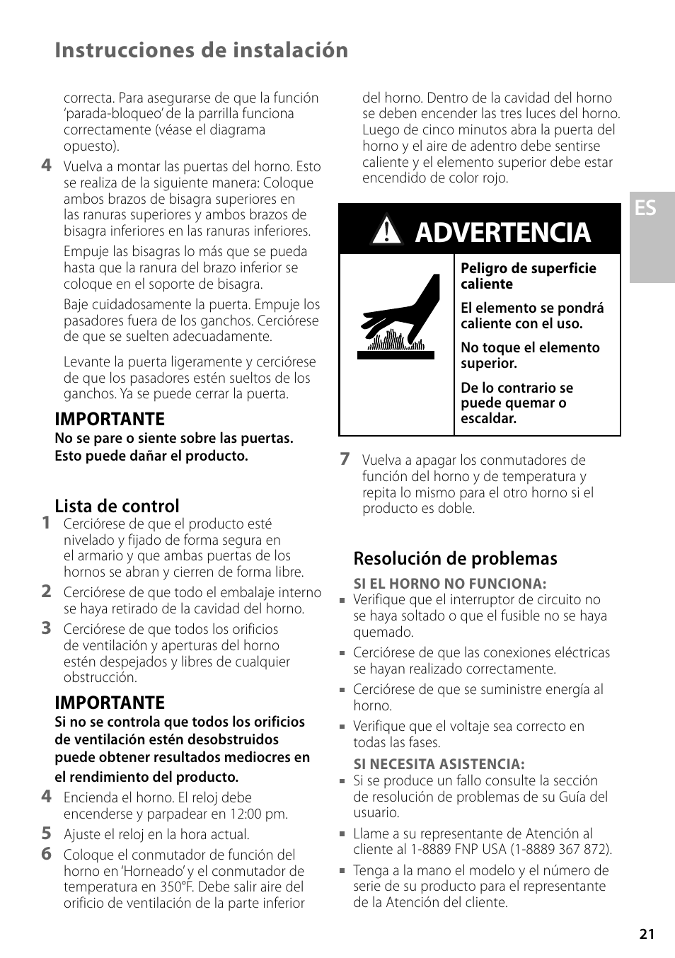 Advertencia, Instrucciones de instalación es, Importante | Lista de control 1, Resolución de problemas | Fisher & Paykel OD302 User Manual | Page 21 / 32