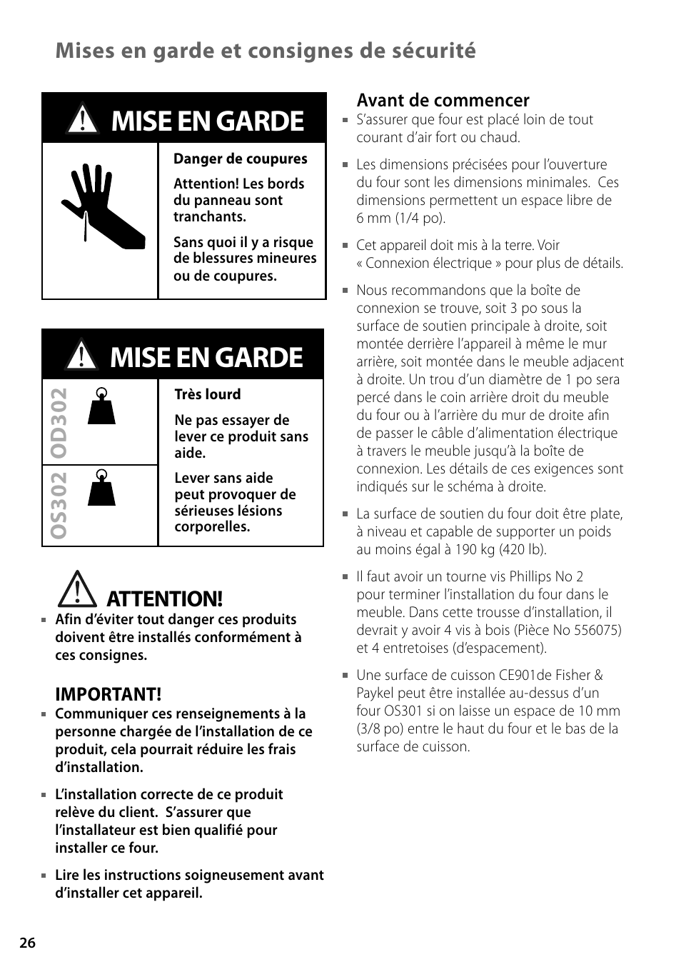 Mise en garde, Mises en garde et consignes de sécurité, Attention | Fisher & Paykel OD302 User Manual | Page 26 / 32
